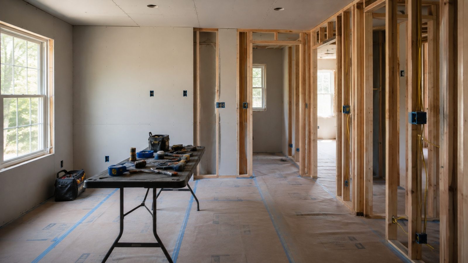 Interior mid-reconstruction after a loss, new framing and drywall going back in