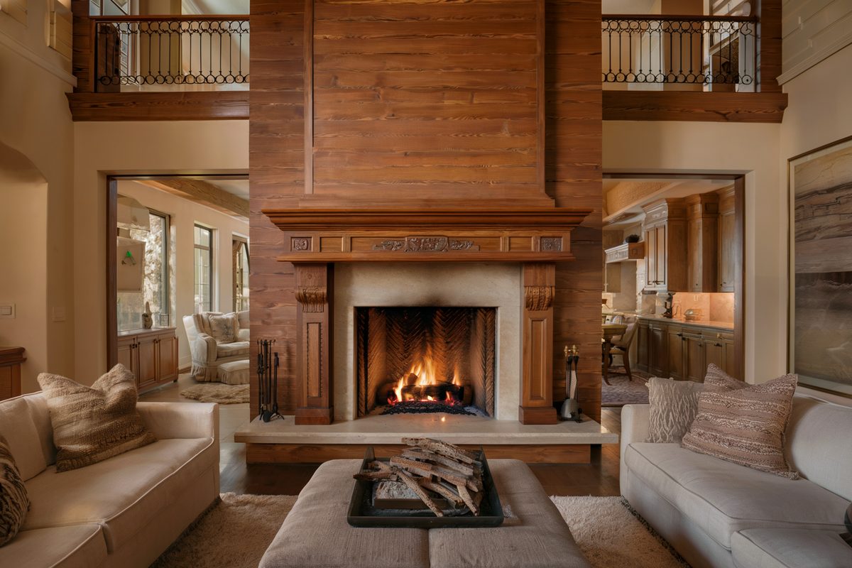 Indoor fireplace with a custom wooden mantle built by Remodeling Beverly Hills