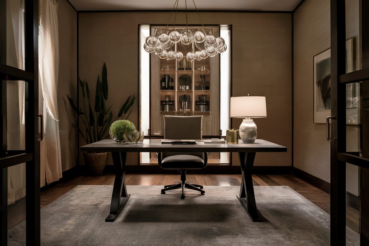 Modern minimalist home office remodel with layered lighting in Beverly Hills