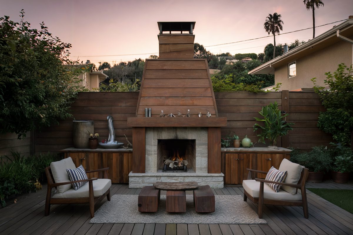 Outdoor fireplace with custom chimney built by Remodeling Beverly Hills