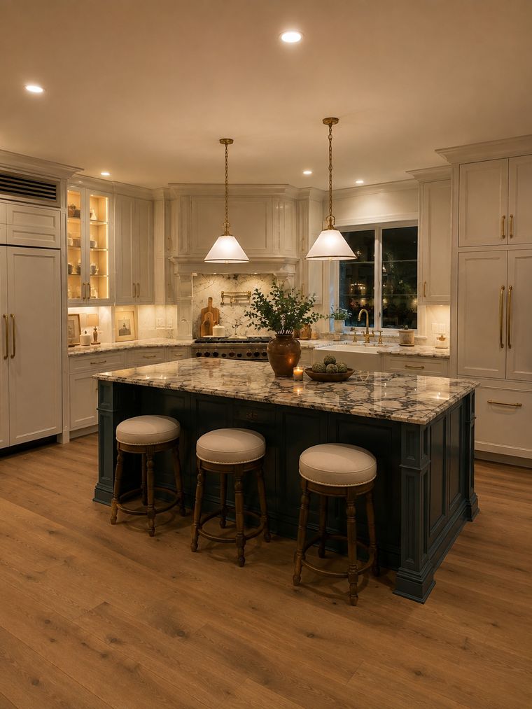Traditional kitchen with a deep green island, granite top and glass display cabinets