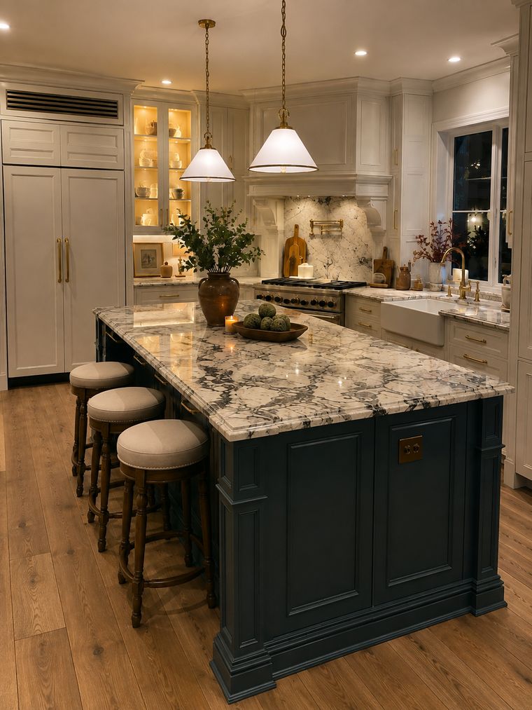 Green painted island with veined granite, apron sink and brass pendants