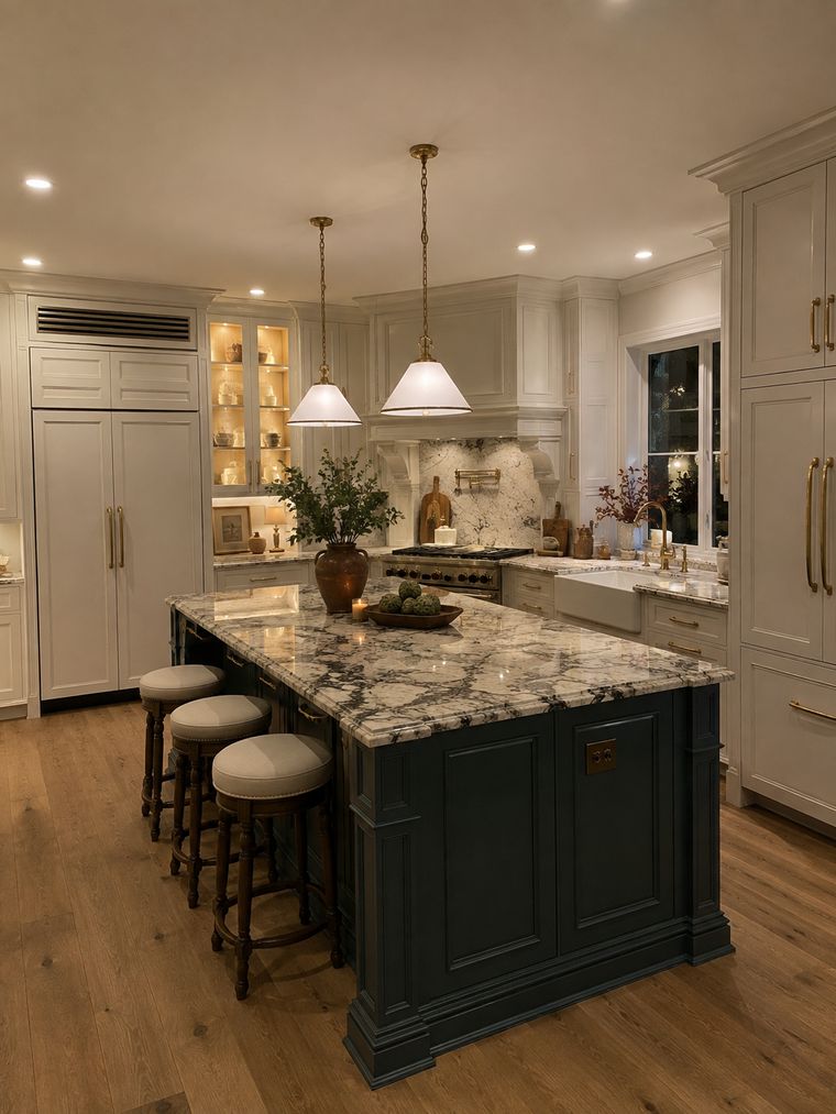 Island, panel-ready refrigeration and lit display cabinetry