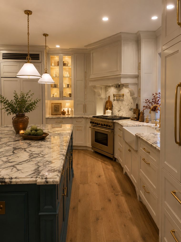 Range wall with stone backsplash and a hood surround detailed to match the house
