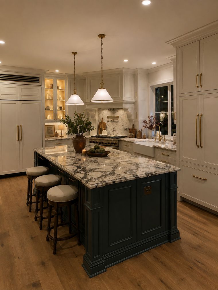 Island seating and pendants with the range wall beyond