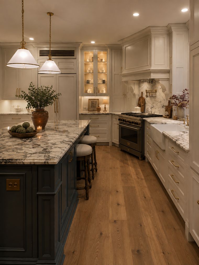 Island and perimeter counters in cream inset cabinetry