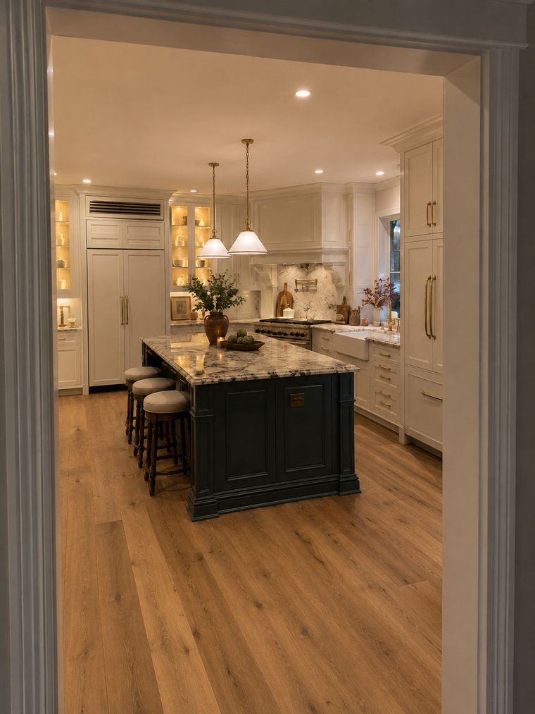 Kitchen seen from the hall through a panelled cased opening