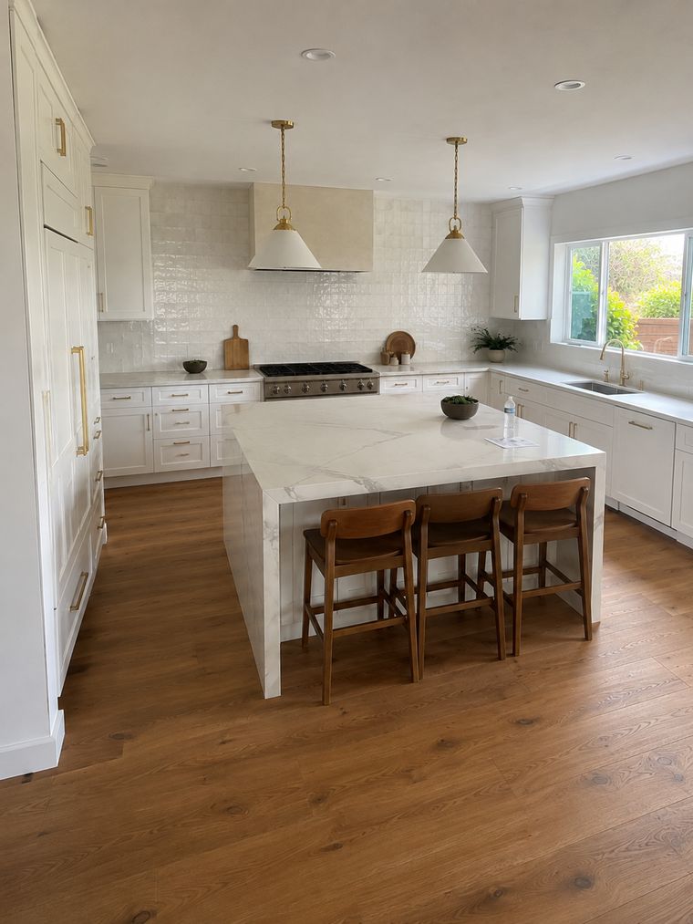 Marble waterfall island seen from the range, oak flooring running throughout