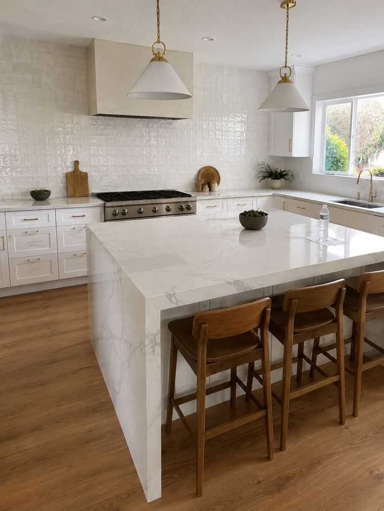 Plaster hood and professional range set into the tiled range wall