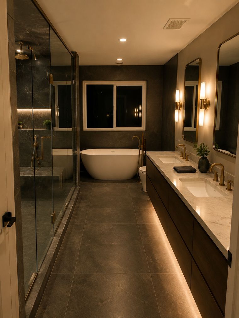Dark primary bathroom with charcoal stone, a freestanding tub and backlit vanity
