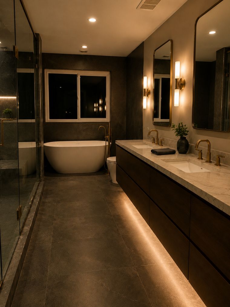 Floating vanity with concealed lighting at the toe, mirrors and brass sconces