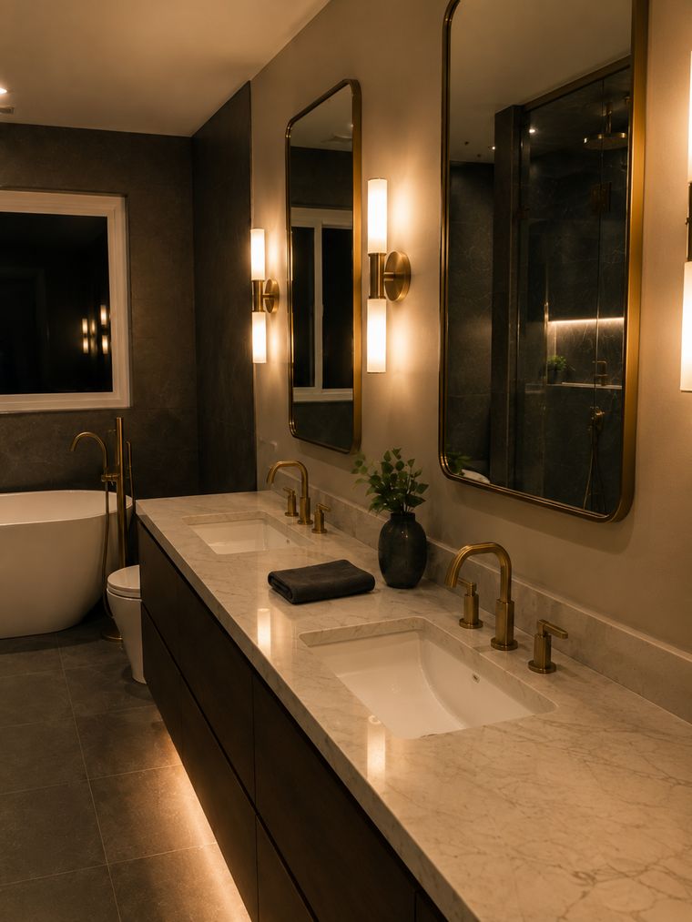 Double vanity with a marble top against a matte dark wall