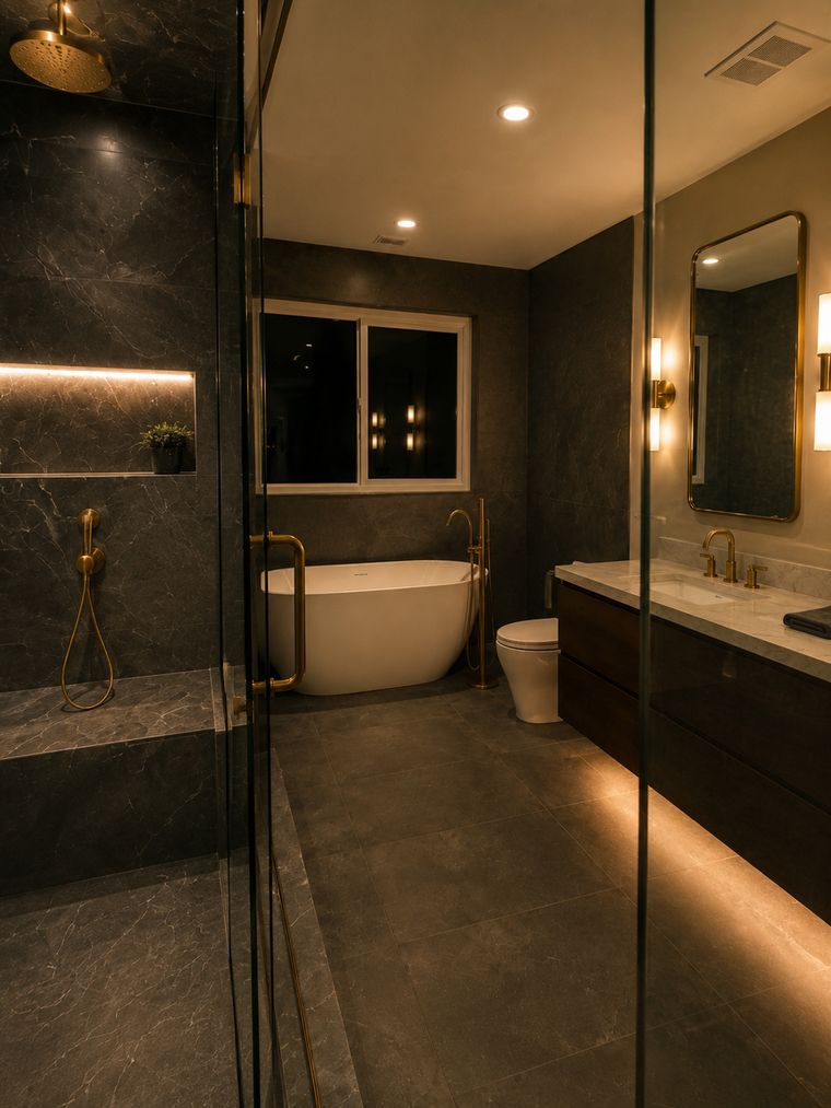 Walk-in shower in charcoal stone with a solid bench and brass fittings