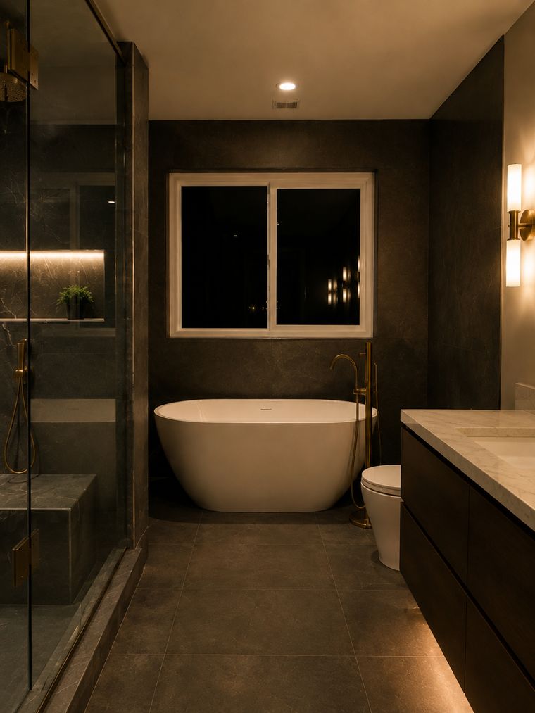 Freestanding tub below the window in the dark stone surround