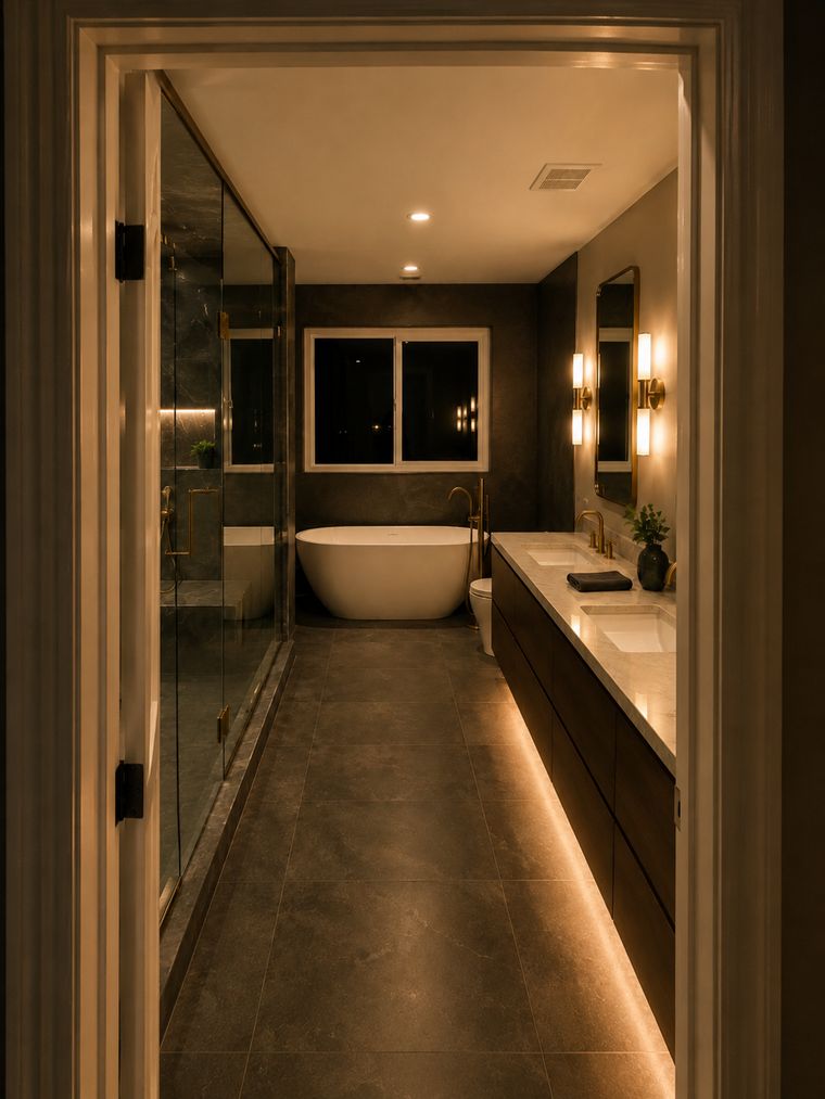 Vanity and mirrors with the shower enclosure alongside