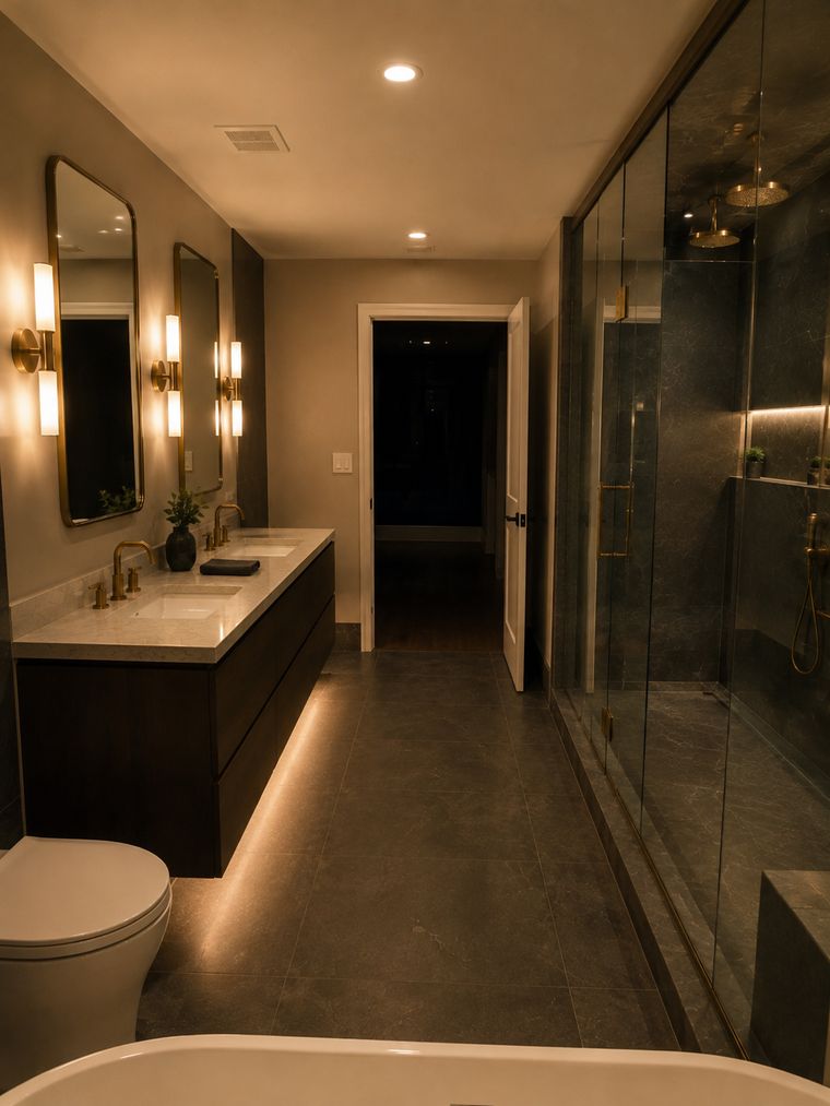 Bathroom seen from the doorway, lit at night