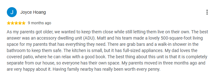 Five-star review from a client whose parents moved into an accessible ADU we built