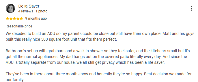 Five-star review of a detached ADU built as a private guest suite for family