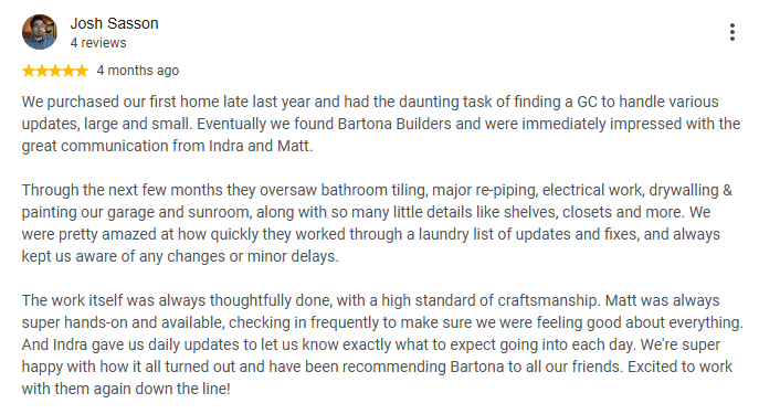 Five-star review covering bathroom tiling, re-piping, electrical work and a garage remodel