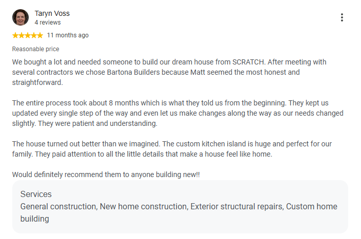 Five-star review of a custom home built from scratch on an eight month schedule