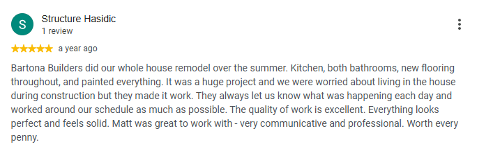 Five-star review of a whole house remodel covering kitchen, bathrooms, flooring and paint
