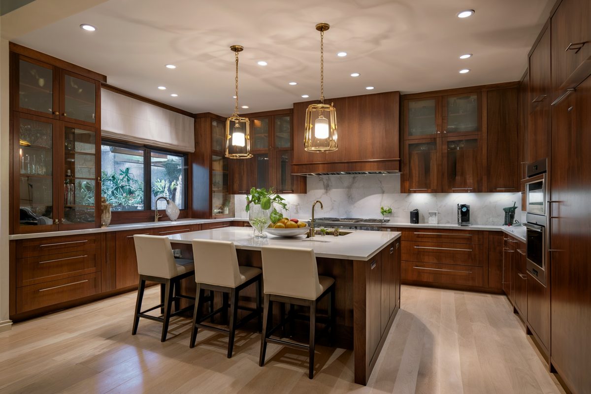 Kitchen opened into the living space with custom cabinetry and an island